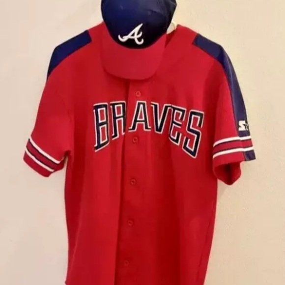 Vintage STARTER Atlanta Braves MLB STITCHED RED Jersey Men’s Sz-M - Picture 4 of 11